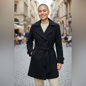 Isaac Mizrahi Black Belted Wool and Cashmere Coat